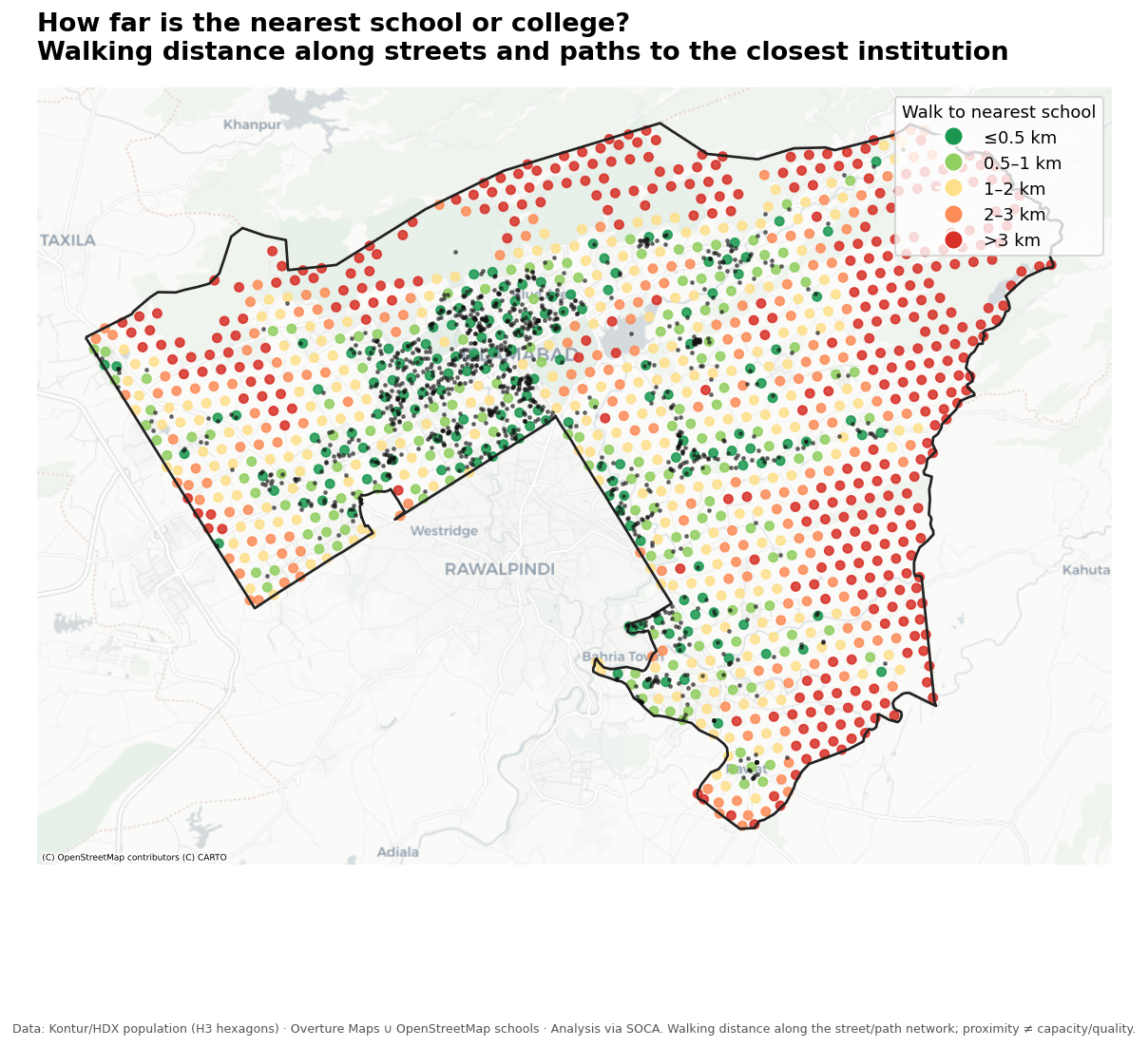 Access map: each cell coloured by walking distance to nearest school or college